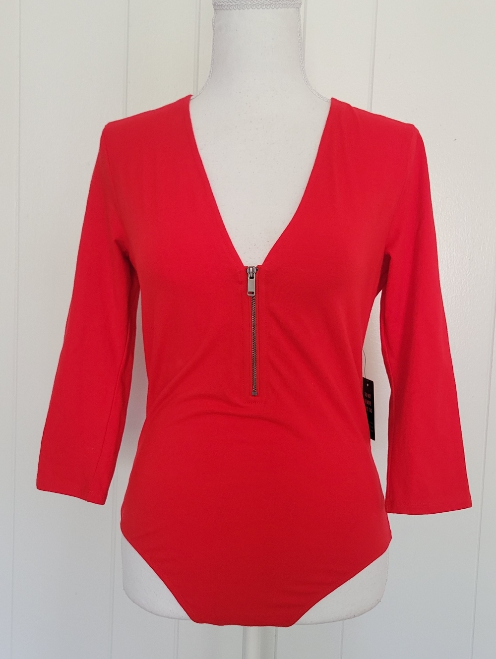 Express Red V-Neck Zip Front Bodysuit